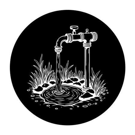 A minimalist illustration depicting a water tap with flowing water, surrounded by grass and rocks, symbolizing the natural water source.のイラスト素材