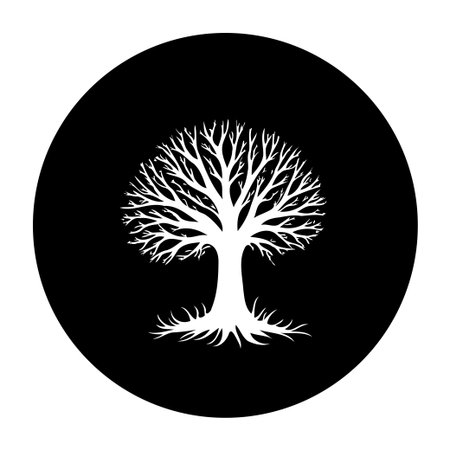 A solitary tree is shown in silhouette with branches on a black background with white color that is isolated.のイラスト素材
