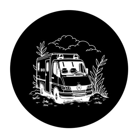 Black and white illustration of an ambulance, emphasizing emergency transport, medical service, and disaster relief efforts with stylized cloud and plant background.のイラスト素材