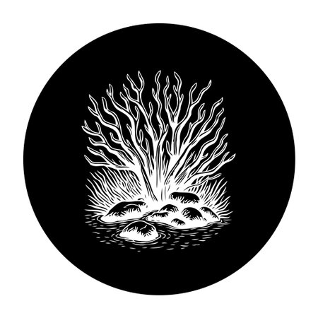 Minimalist illustration of a tree emerging from stones. The monochromatic design and vintage touch create an elegant, timeless aesthetic perfect for various creative projects.のイラスト素材