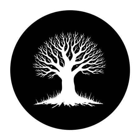 Monochrome tree illustration in a circle. The white tree silhouette pops against a black backdrop, radiating serenity. A symbol of growth and nature's enduring presence.のイラスト素材