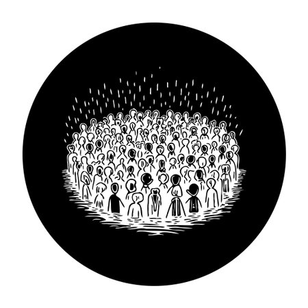 The image depicts a crowd of people gathered together, their figures silhouetted against a dark background. Rain pours down on them, creating a sense of unity in the face of adversity, in the form of round shape. The image captures the strength and resilience of a community.のイラスト素材