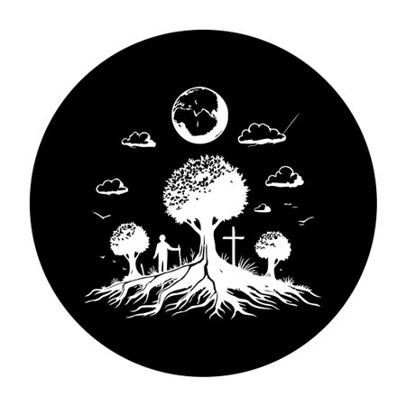 A symbolic illustration showcasing life's journey with a person walking towards a tree and a cross under the moon symbolizing faith growth and spirituality.のイラスト素材