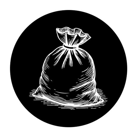 Detailed illustration of a tied sack, bag, or container against a contrasting black background, evoking a vintage or rustic aesthetic.のイラスト素材