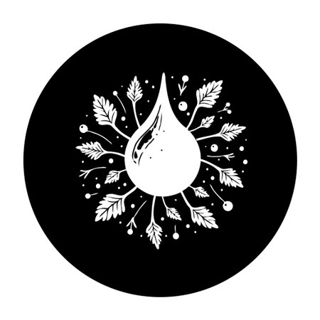A minimalistic emblem features a stylized water drop encircled by botanical elements. The design is simple, elegant, and evokes purity and natural freshness.のイラスト素材