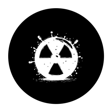 A monochromatic illustration depicts a radioactive hazard symbol against a black background. This evocative design conveys themes of nuclear energy, radiation risks, and environmental dangers.のイラスト素材