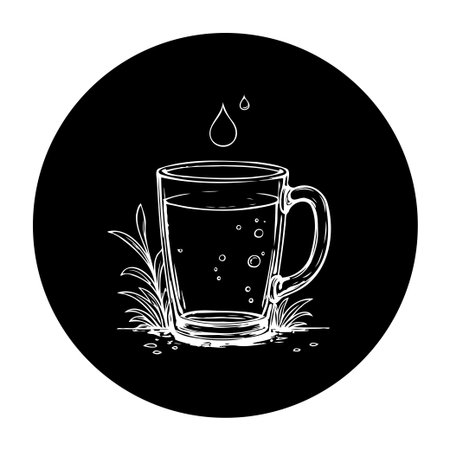 A minimalist illustration of a clear glass filled with fresh water, a droplet above it, surrounded by small plants, on a black circular background.のイラスト素材