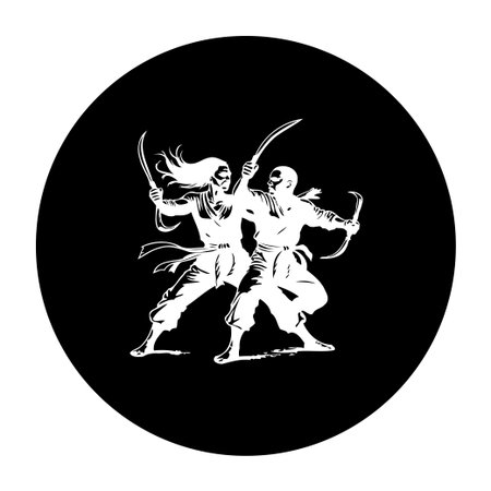 A striking illustration depicts two fighters locked in intense combat wielding swords. The artwork captures the essence of martial arts, symbolizing strength, skill, and discipline.のイラスト素材