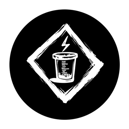 A bold graphic depicts a beaker within a diamond frame, struck by lightning. It symbolizes scientific experimentation, potential energy, and associated hazards.のイラスト素材