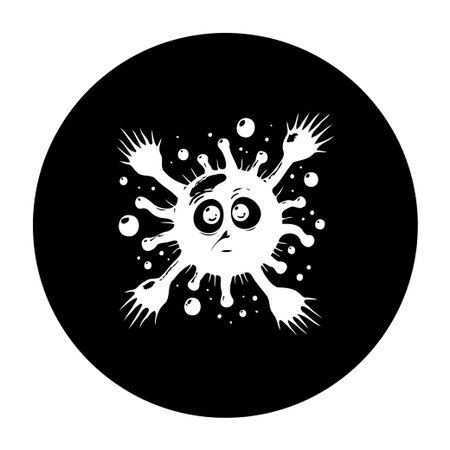A cartoon illustration of the coronavirus. The design features a worried cartoon face and simple black and white lines, conveying the serious nature of the virus outbreak.のイラスト素材