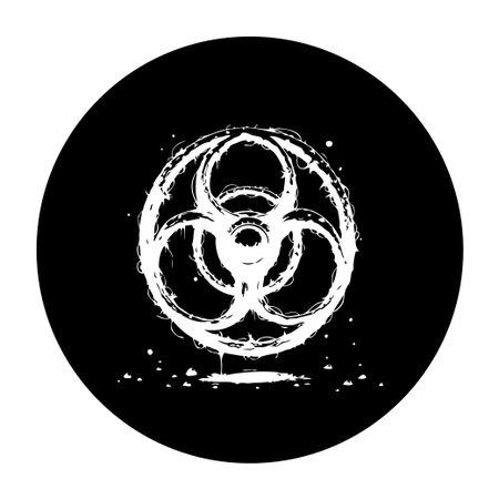 A distressed grunge biohazard symbol against a black background. Represents biological risk, warning, and danger in a visually striking manner, it's a symbol of potential contaminationのイラスト素材