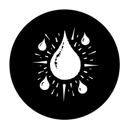 A minimalist illustration featuring water droplets emitting rays of light, symbolizing purity, freshness and cleanliness. The design uses a black and white color scheme.のイラスト素材