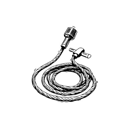 This stylized vintage microphone illustration showcases a detailed audio equipment, cable, and connector design. Rendered in black and white, it offers a classic aesthetic.のイラスト素材