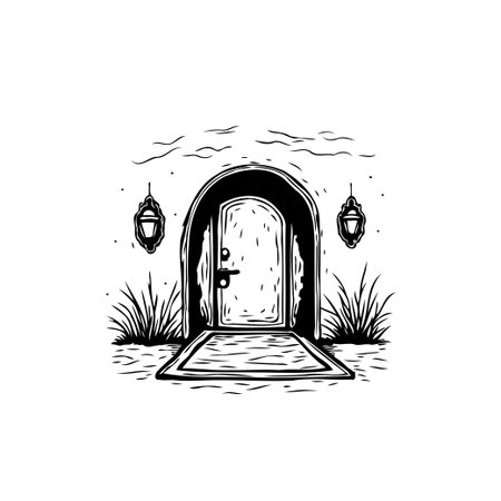 This monochrome illustration features an arched doorway, flanked by grasses and lanterns, creating a welcoming and whimsical scene. The design evokes a sense of rural charm and invites imagination.のイラスト素材