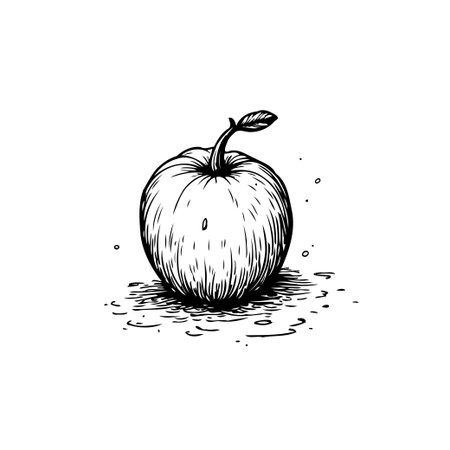 A simple hand-drawn apple illustration features a leaf and a shadow, providing a clean and artistic representation of this delicious fruit.のイラスト素材