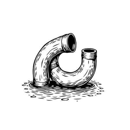 A hand-drawn illustration depicts a broken water pipe with a puddle, suggesting plumbing repair and maintenance themes. This simple sketch conveys a concept of a broken systemのイラスト素材