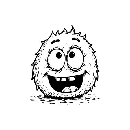 A fluffy, adorable cartoon character smiles mischievously. This hand-drawn illustration is perfect for adding a touch of whimsy and fun to any project. The creature is simply charming and unique.のイラスト素材