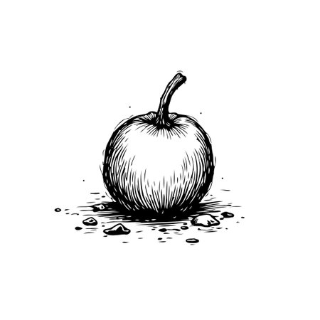 A detailed monochrome illustration presents a round fruit with a stem, resting on small stones, captured in a minimalist and artistic style, against a white background.のイラスト素材
