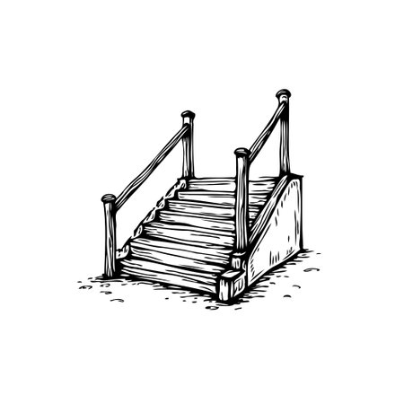 A vintage-style hand-drawn sketch features an isolated staircase, illustrating architectural lines in a decorative and minimalistic aesthetic.のイラスト素材
