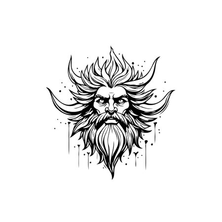 A stylized illustration depicts a bearded mythical figure with a dramatic expression. The design is reminiscent of ancient gods and legends, with strong linework.のイラスト素材
