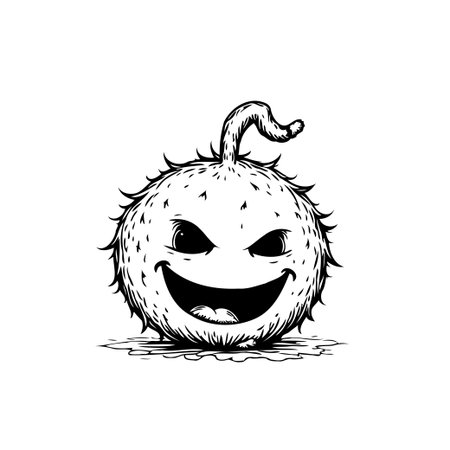 A black and white sketch of a grinning pumpkin. Perfect for halloween decorations, greeting cards, or spooky designs.のイラスト素材