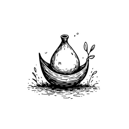 A simple, artistic line drawing depicts a bottle resting in a banana peel boat with a small leaf, floating serenely in the water.のイラスト素材