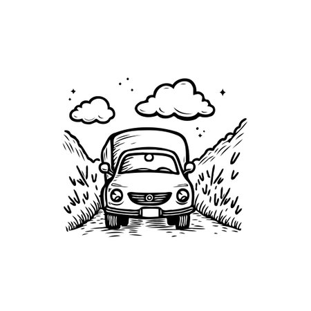 A vintage car is driving on a countryside road, under a cloudy sky. Black and white vector illustration evokes a sense of freedom and adventure.のイラスト素材