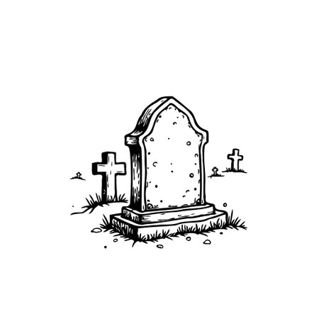 A simple tombstone drawing captures the solemn essence of mortality. Perfect for historical or reflective themes. Illustration for spiritual, memorial, or spooky Halloween designs.のイラスト素材