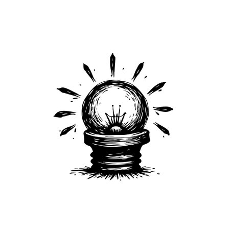 Vintage hand-drawn lightbulb symbolizing creativity and innovation. The glowing rays represent inspiration and brilliant ideas.のイラスト素材