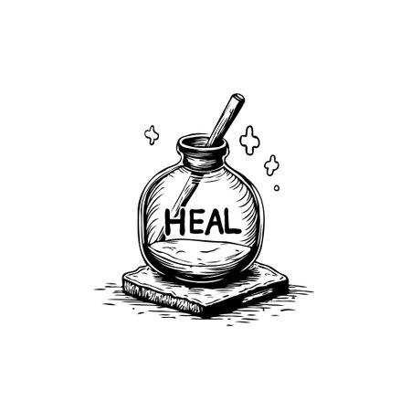 Hand-drawn illustration of a healing potion with sparkles around it. The drawing shows a container placed on a stone and a straw inside.のイラスト素材