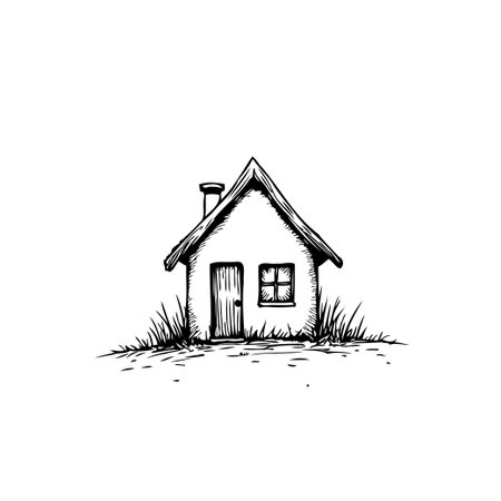 A minimalist black and white drawing depicts a quaint countryside cottage, capturing the essence of rural living with simple yet detailed lines.のイラスト素材