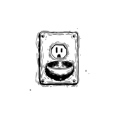 Monochrome illustration portraying an electrical outlet with a bowl underneath, symbolizing the depletion and drain on energy resources and environmental consequences.のイラスト素材