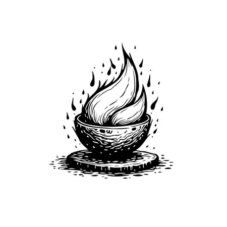 Monochrome art depicting a bowl with flame shapes inside, resting on a pedestal. The style is artistic and stylized, hand drawn or sketchedのイラスト素材