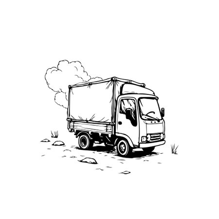 Ink drawing of a small truck with a canvas covering, likely used for deliveries or transport. Black and white design isolated on a white background.のイラスト素材