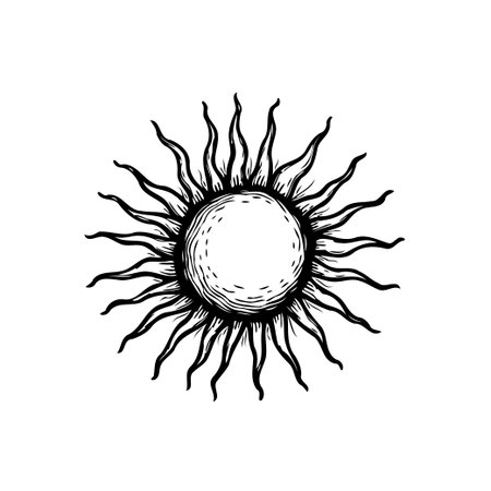 Detailed sun illustration, perfect for mystical themes or artistic projects. The intricate line work and celestial design create a captivating imageのイラスト素材