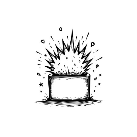 A striking black and white illustration showcases a bursting box with sharp spikes surrounded by dotted particles, conveying a sense of surprise or excitement.のイラスト素材