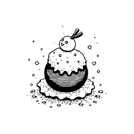 A black and white illustration depicts a snow globe scene with a cute character on top of a snowdrift, perfect for holiday cards and festive decorations.のイラスト素材