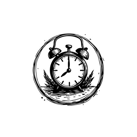 A vintage-style alarm clock drawing, adorned with wheat, captures the essence of timeless nature and rustic charm. This illustration evokes nostalgia and a gentle reminder.のイラスト素材