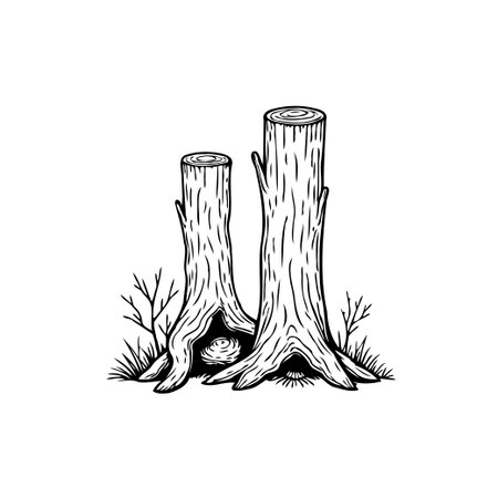 Hand drawn tree stumps illustration with grass and branches for ecological and environmental purposes. Black and white vector drawing.のイラスト素材