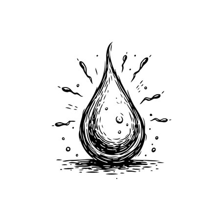 This monochrome illustration presents a single water droplet with a splash effect. Its minimalist design evokes themes of nature, purity, and the environment.のイラスト素材