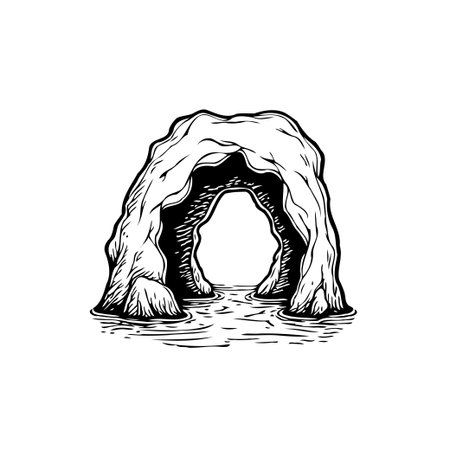 A captivating black and white illustration showcasing the entrance to a mystical cave, adorned with flowing water and detailed rock formations. Perfect for fantasy or nature themed designs.のイラスト素材