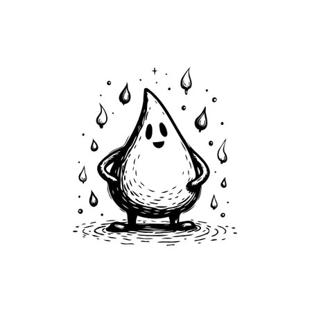 A cute water droplet character stands in a puddle surrounded by falling raindrops, portrayed in a simple, monochrome illustrative style.のイラスト素材