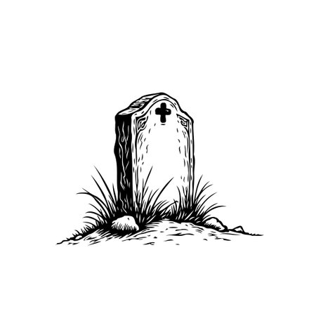 A simple black and white illustration of a tombstone with a cross in a graveyard setting, evoking a sense of mourning and remembrance.のイラスト素材