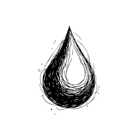 A minimalistic and abstract illustration of a water droplet, created with rough lines and black ink, isolated on a clean white background. A symbol of purity and freshness.のイラスト素材