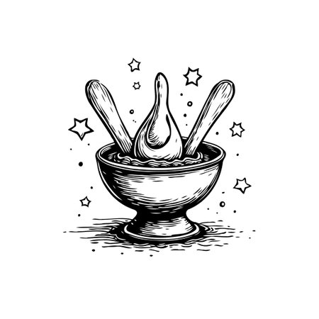 This black and white illustration features spoons in a bowl with stars creating a magical culinary concept. It captures a whimsical and retro aesthetic.のイラスト素材