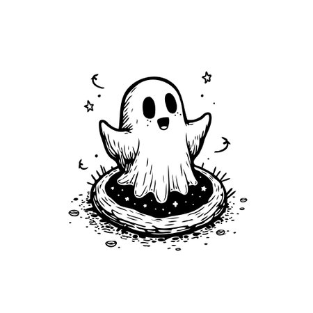 A whimsical Halloween illustration featuring a cute ghost floating on a cosmic portal filled with stars and moons. The black and white design evokes a spooky yet enchanting atmosphere.のイラスト素材