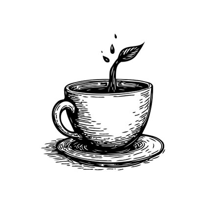 Conceptual graphic illustration. A cup containing a small growing plant symbolizes growth, freshness, and nature in the world of beverages. Perfect for eco-friendly products or morning drink concepts.のイラスト素材