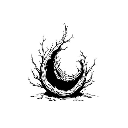 A captivating abstract illustration features a stylized crescent moon entwined with bare branches. This artwork creates a mystical atmosphere that embodies growth and transformation.のイラスト素材