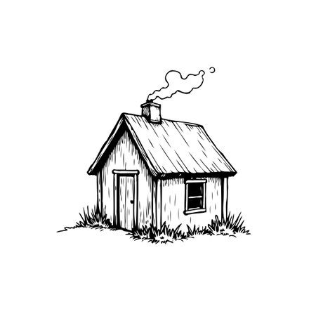 A simple black and white drawing of a cabin with smoke coming out of the chimney. The art is minimalist, capturing the essence of a cozy home.のイラスト素材