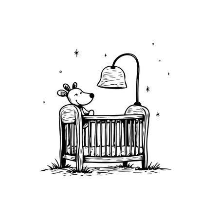 Charming hand drawn illustration of a baby crib, complete with a cute dog toy and a gentle lamp, perfect for a nursery room.のイラスト素材